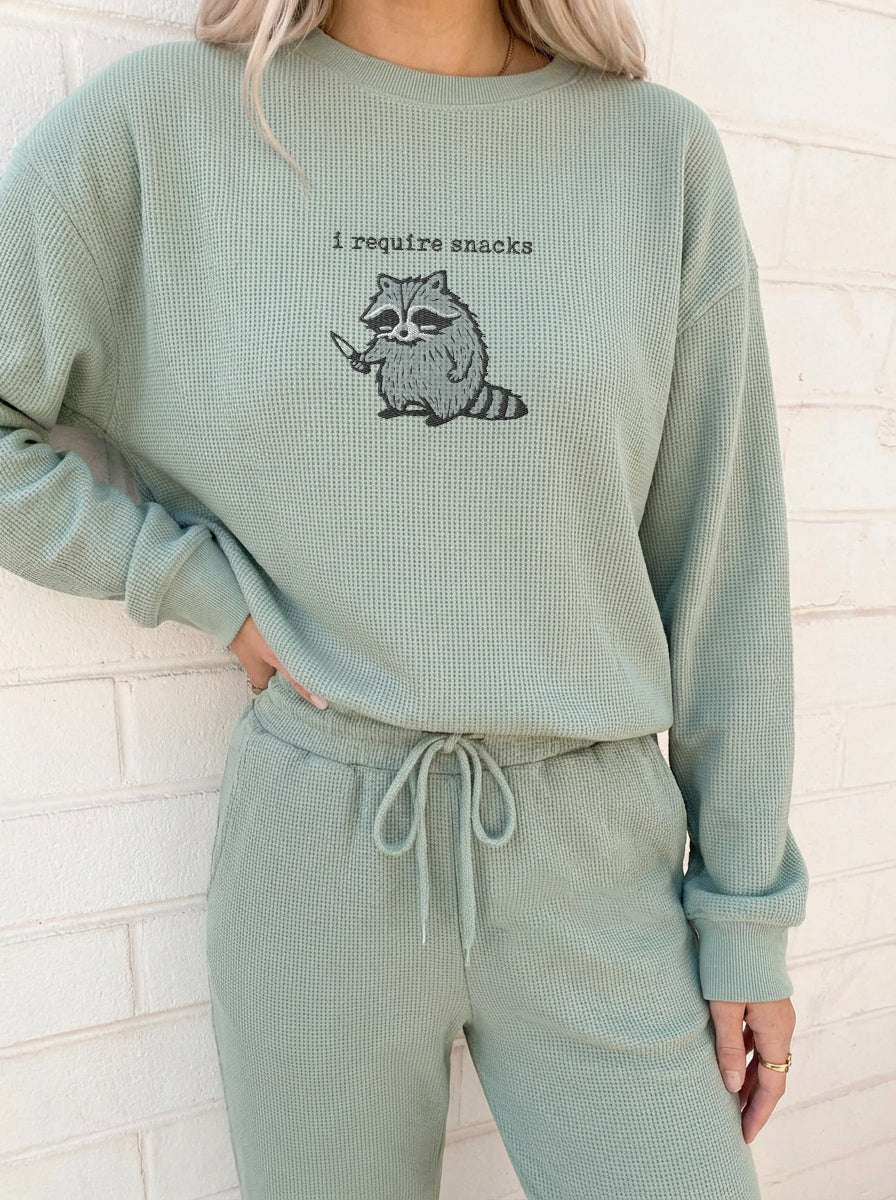 I Require Snacks Waffle Knit Embroidered Nursing Sweatshirt