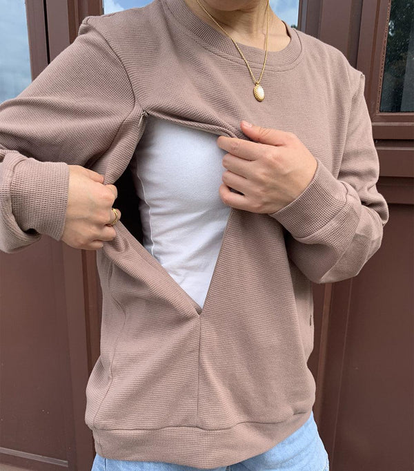 Breastfeeding Waffle Knit Solid Zip Sweatshirt