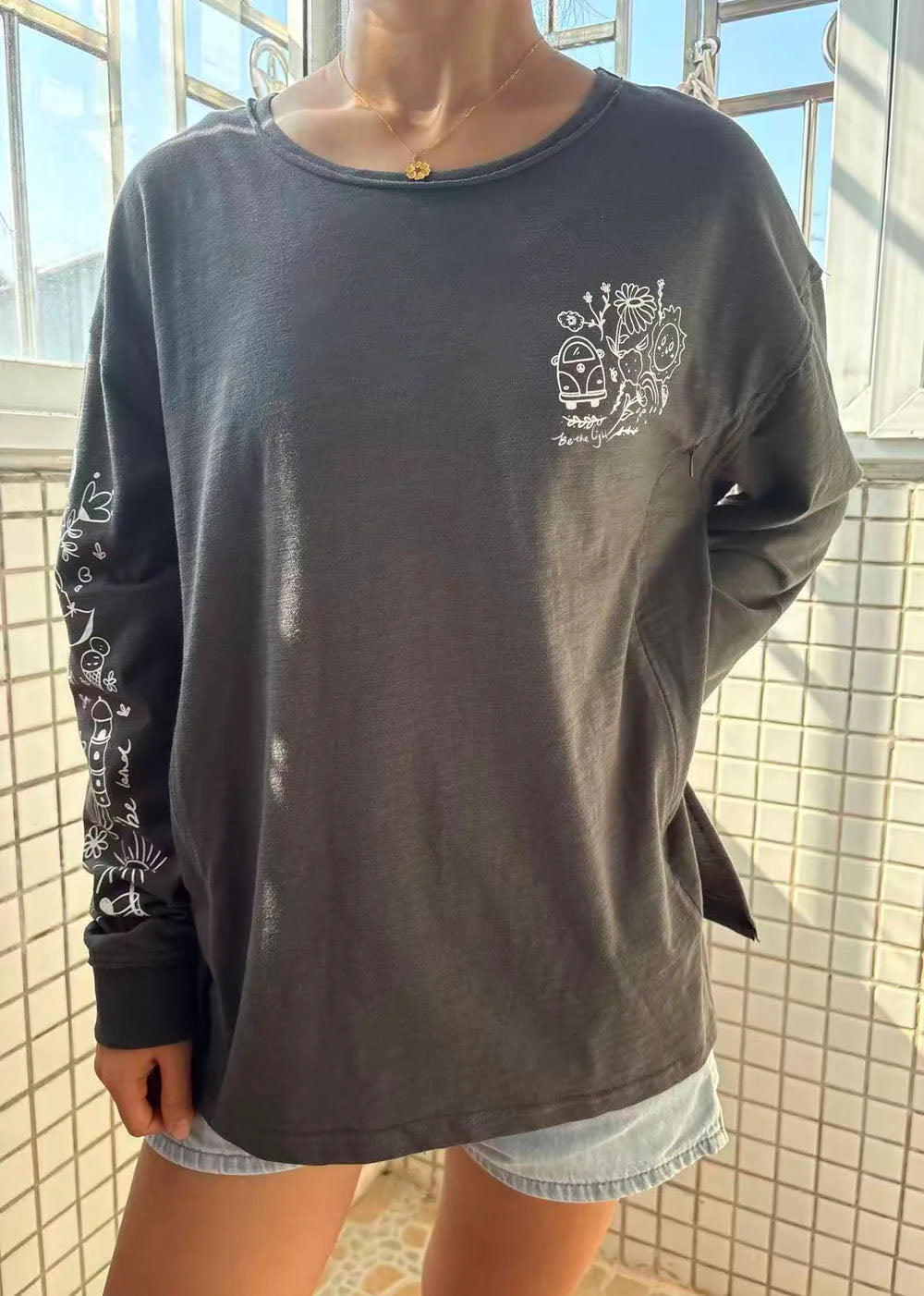 Oversized Cotton Doodle Breastfeeding Long Sleeve T-Shirt